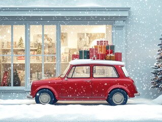 A red vintage car laden with Christmas presents, parked outside a snow-covered shop on a snowy day