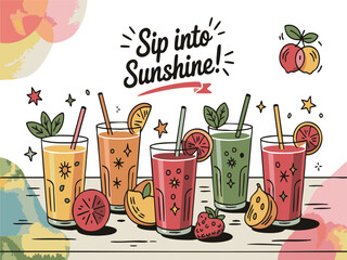 Refreshing fruit drinks with citrus garnishes and stars juice glasses