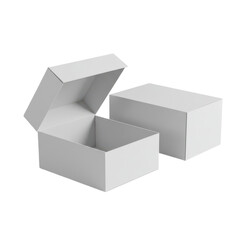 Fototapeta premium Two blank white cardboard boxes one open and one closed isolated on transparent background