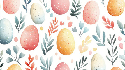 A watercolor painting of a bunch of eggs and leaves. The eggs are in various colors and sizes, and the leaves are green and white. The overall mood of the painting is cheerful and playful