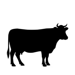 Silhouette of a standing cow in side view. Vector farm animal illustration ideal for agricultural icons, labels, logos, and rural-themed designs