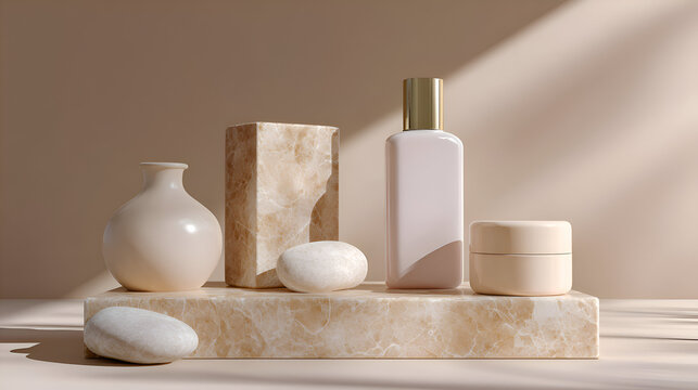 Minimal luxury skincare product display with marble pedestal and natural stones – warm beige tone