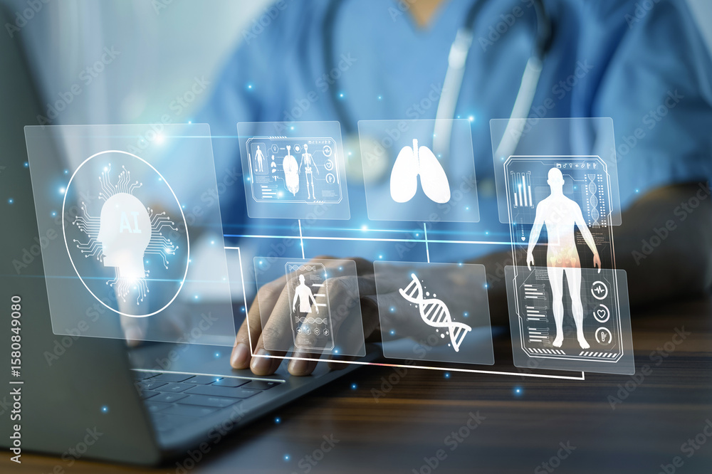 Aufkleber doctor use ai and artificial intelligence enhance personalized healthcare by visualizing dna and org