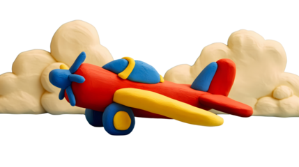 Red Yellow Blue Airplane Model Play Clay Toy Clouds Sky isolated on a transparent background