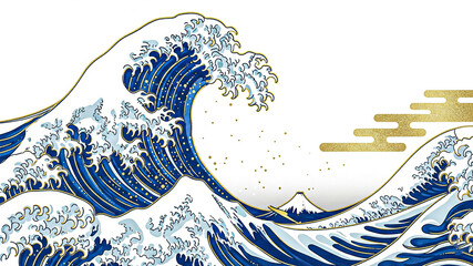 Serene Blue and Gold Great Wave Print:  Elegant Japanese Art Design,  Mount Fuji Background.