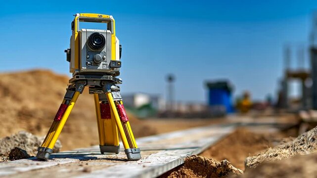 A yellow surveying instrument is positioned on a construction site. The background shows unfinished buildings and dirt piles under a clear blue sky.