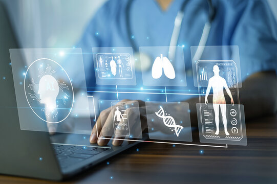 Doctor use AI and Artificial intelligence enhance personalized healthcare by visualizing DNA and organ data in futuristic interfaces.