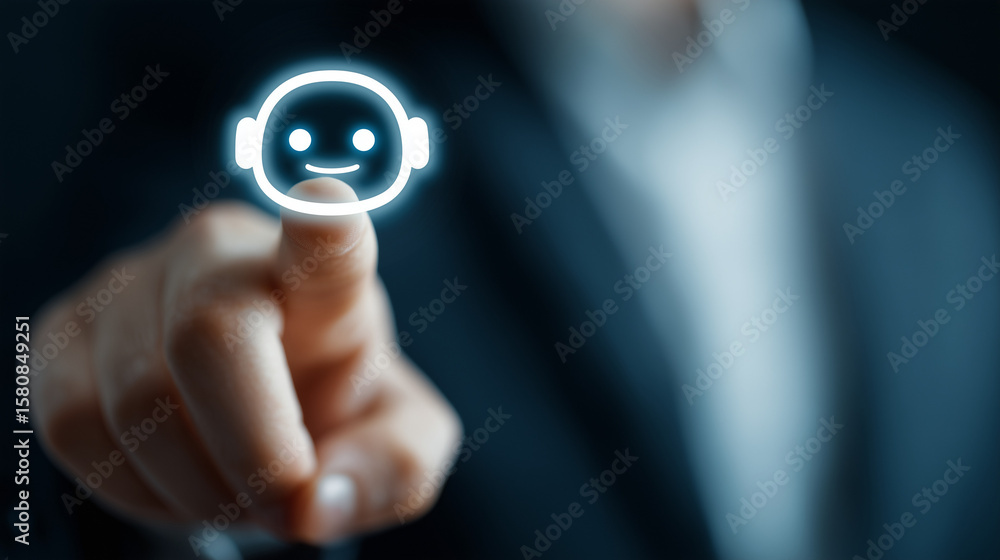 Poster digital interface interaction: a business professional engages with a glowing digital avatar, a futu