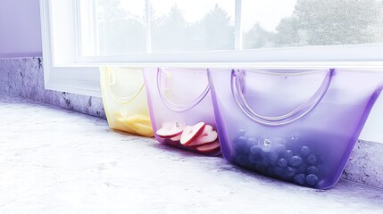 Kitchen windowsill fruit storage bags, sliced apples, blueberries, sunlight