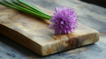 Blooming Chive Flower and Greens on Wooden Cutting Board, Grey Wood Background