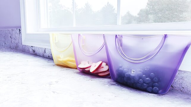 Kitchen windowsill fruit storage bags, sliced apples, blueberries, sunlight