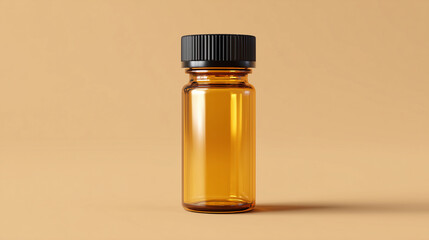 A Photorealistic Product Shot of a Small Amber Glass Vial Mockup on a Beige Background.