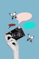 Zine pop image banner 3d photo collage of hand hold retro photo-camera shooting butterfly bubble...