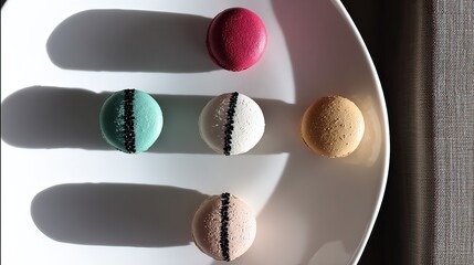 Fototapeta premium Colorful macarons on plate, sunlight, interior, dessert