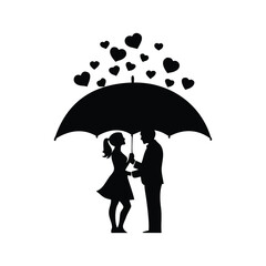 romantic couple under umbrella with hearts, hearts floating above, romantic, black and white silhouette, minimalist, elegant, stylized, digital art, umbrella, woman, love, illustration, silhouette,