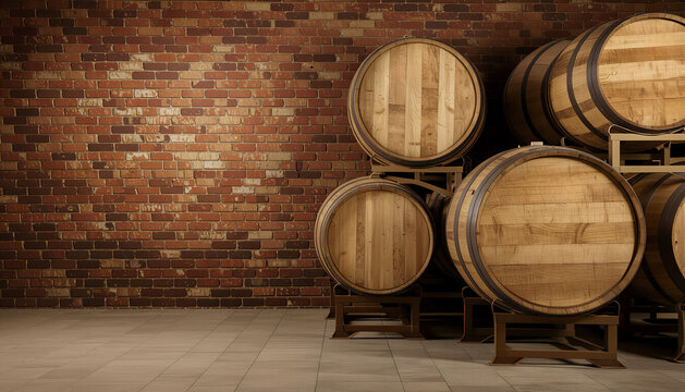 Vintage beer barrels background with warm tones and rich browns, traditional brewery scene with copy space