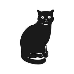 Black cat with big eyes sits isolated on a white background. Vector illustration.