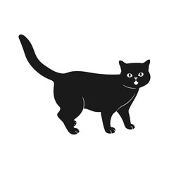 Black cat with big eyes standing and meowing isolated on white background. Vector illustration