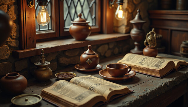 Warm Dark Academia study setup with ancient books and coffee cup  
