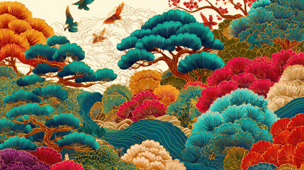 Obraz premium Japanese traditional watercolor pattern with vibrant trees