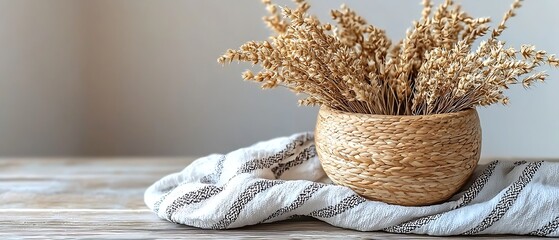 Natural Dried Flowers in Woven Basket on Rustic Wooden Surface