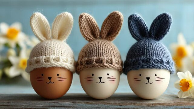 Cute Easter eggs with smiling faces and bunny ears in knitted hats on pastel blue background, great for playful spring visuals, branding and Easter content. 4K, motion