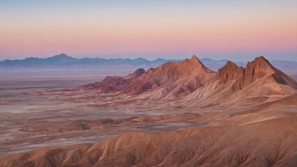 Fototapeta premium A sweeping panorama of rugged desert mountains under a soft, gradient sky of pink and blue, showcasing the vastness and arid beauty of the landscape at dawn or dusk