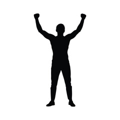 Man stands with his hands up silhouette,a triumphant person, arms raised in celebration, powerful silhouette, dramatic lighting, striking monochrome, bold, powerful, inspiring,