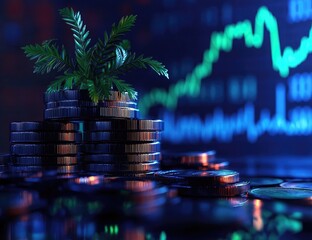 Stacked coins with plant, market chart