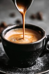 Cup of coffee being poured. Dark and inviting, on a saucer with scattered coffee beans