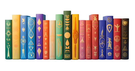 Naklejka premium Collection of Colorful Books with Symbolic Designs on Spines isolated on a transparent background