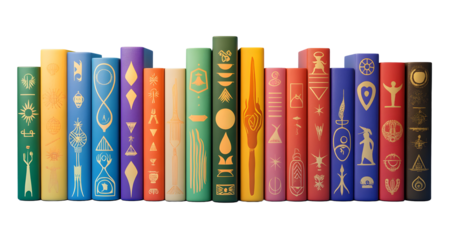 Collection of Colorful Books with Symbolic Designs on Spines isolated on a transparent background