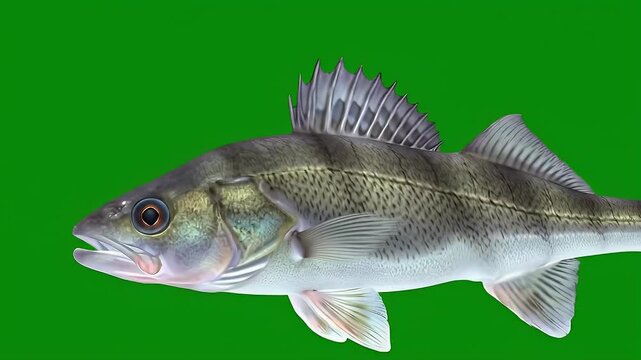 Zander Fish (Sander Lucioperca) or Walleye Isolated on Vibrant Green Background, Profile View of Freshwater Predator with Spiny Dorsal Fin