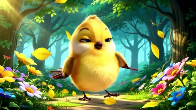 Cute animated bird dancing in a colorful forest, cartoon style, cheerful music playing in the background