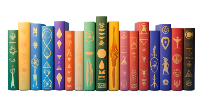 Collection of Colorful Books with Symbolic Designs on Spines isolated on a transparent background - Powered by Adobe