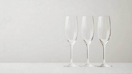 Fototapeta premium Three Empty Champagne Flutes On A White Background Minimalist And Clean Style