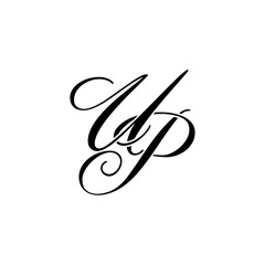Elegant UP Monogram Logo in Black Script – Luxury Calligraphy Initial Design on White Background	
