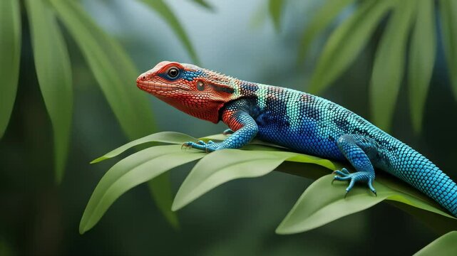 Vibrant Blue And Red Lizard On Lush Green Leaves