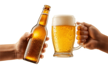 Two hand Holding Beer Bottle and Beer Mug Cheers Toast Isolated on Transparent Background PNG
