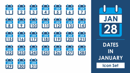 set of vector icons of all dates in january