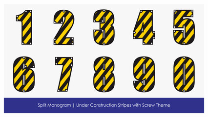 split monogram of under construction numbers from 0 to 9 with yellow black stripes and screw ornament