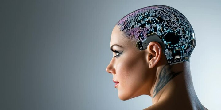 A woman with computer equipment attached to her brain