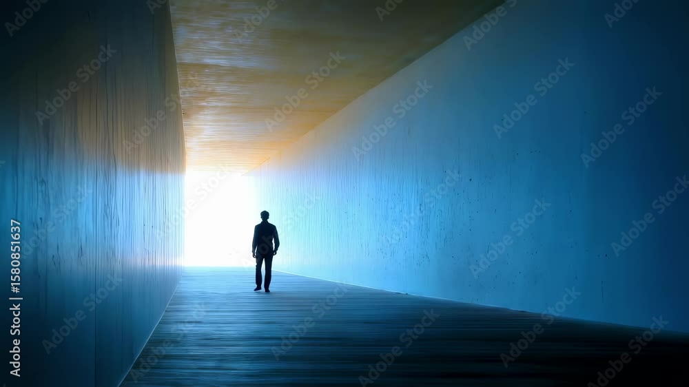 Poster closeup of a persons silhouette navigating the shadowy confines of an elongated tunnel with vibrant 