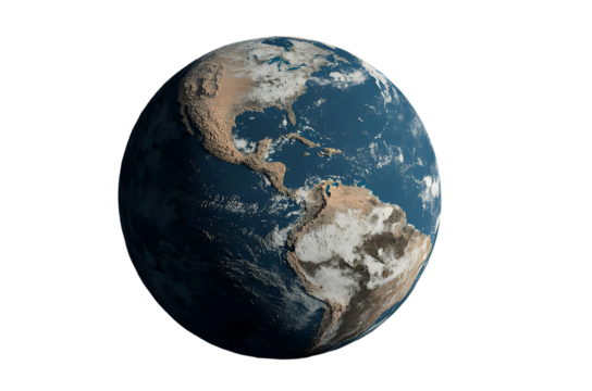 Detailed Earth Globe Showing North and South America Ocean Clouds Landmasses isolated on a transparent background - Powered by Adobe