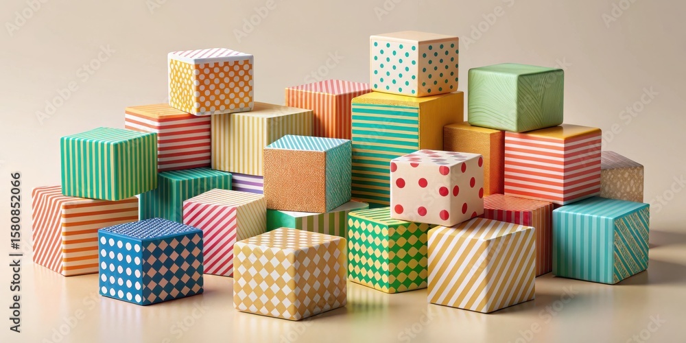 Poster a colorful arrangement of patterned blocks, playfully stacked in an asymmetrical pile, creating a vi