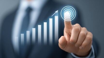 Fototapeta premium Strategic business marketing success a man pointing at a target graph in a professional environment to enhance strategy and achieve goals