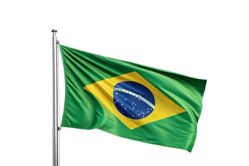 Brazilian flag with green field, yellow diamond, blue circle with stars and banner, isolated on a transparent background