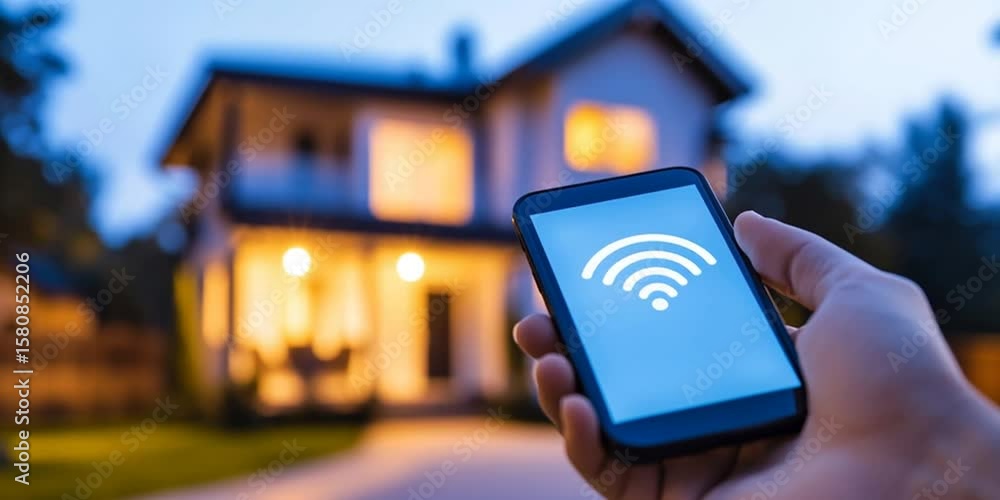 Wall mural smart home concept with connected house and smartphone with wifi signal in yard