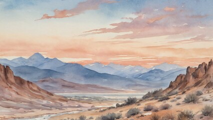 A watercolor depiction of a vast desert valley with distant mountains bathed in the warm glow of sunset