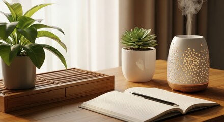 Cozy Home Desk Setup: Aromatherapy Diffuser, Houseplants, and Book for Relaxation and Well-being